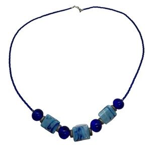 𝅺GLASS Bead Necklace Blue Swirled Marbled Beaded